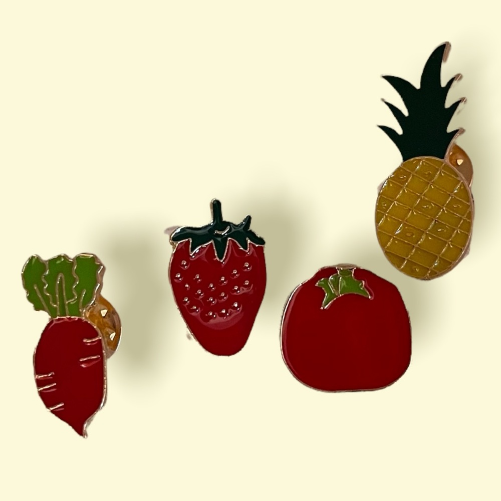 Enamel Pins Set of Four Radish Pineapple Tomato Strawberry